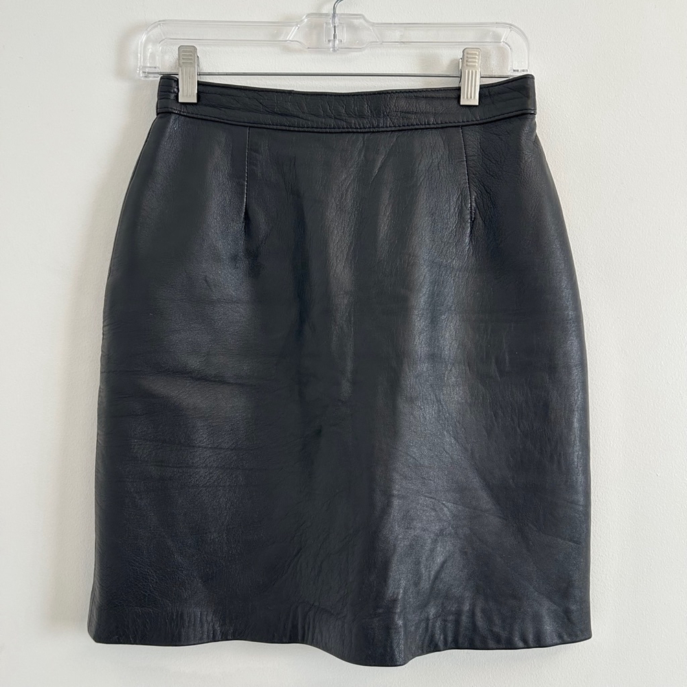 VINTAGE 100% Leather High Rise Mini Skirt Black Size 4/Small